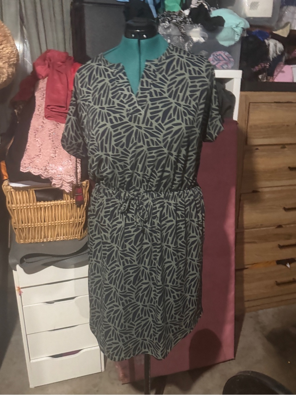 Banana Republic Black Leaf-Print Midi Dress with Drawstring Waist